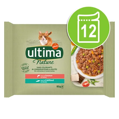 Ultima Nature kattenvoer, gestoomd, zonder kleurstoffen en conserveermiddelen. Soorten: zalm en kabeljauw. Verpakkingsgrootte: 85g. Symbool voor 12 porties zichtbaar.