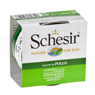 Schesir Nature for Dog, пилешко филе, опаковка със зелен и бял дизайн.