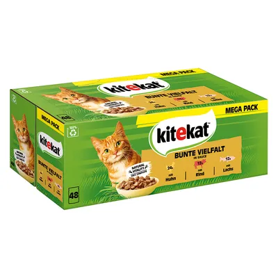 Emballage Kitekat Bunte Vielfalt Mega Pack 48 sachets, visible : 24x Huhn, 12x Rind, 12x Lachs, texte en allemand. Photo d’un chat roux et croquettes en sauce sur la boîte.