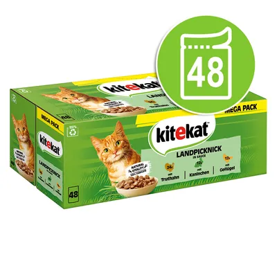 Kitekat Landpicknick w sosie Mega Pack, 48 saszetek: 24x indyk, 12x królik, 12x drób. Natural Vitality, 100% kompletne i zbilansowane. Kitekat Landpicknick w sosie Mega Pack, 48 saszetek: 24x indyk, 12x królik, 12x drób. Natural Vitality, 100% kompletne i zbilansowane.