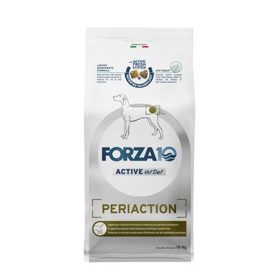 Zak Forza10 Active Vet Diet Periaction hondenvoer, 10 kg. Tekst: LIMITED INGREDIENTS FORMULA, ACTIVE FRESH SYSTEM, PERIACTION. Afbeelding van hond en brokjes op de verpakking.