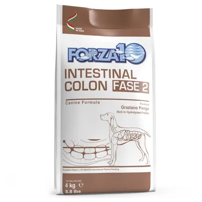 Опаковка Forza10 Intestinal Colon Fase 2, Canine Formula, 4 кг. Изображение на куче с анатомична схема. Текст: Made in Italy, Graziano Pengo, Rich in Hydrolyzed Protein. Опаковка Forza10 Intestinal Colon Fase 2, Canine Formula, 4 кг. Изображение на куче с анатомична схема. Текст: Made in Italy, Graziano Pengo, Rich in Hydrolyzed Protein.