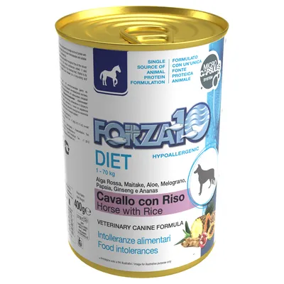 Forza10 Diet Hypoallergenic, konj z rižem, Veterinary Canine Formula za pse z intoleranco na hrano. Sestavine: Alga Rossa, Maitake, aloe, granatno jabolko, papaja, ginseng, ananas.