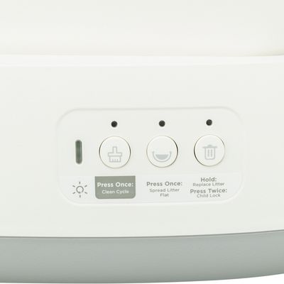 Πίνακας ελέγχου με τρία κουμπιά: Clean Cycle, Spread Litter Flat, Replace Litter. Λειτουργίες: πάτημα ή παρατεταμένο πάτημα για παιδική ασφάλεια.