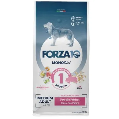 FORZA10 MONODiet Medium Adult hondenvoer, hypoallergeen, varkensvlees met aardappel, 1 eiwitbron, voor honden 11–35 kg, zak 12 kg. Tekst: Immunity Support, Skin & Coat Care. FORZA10 MONODiet Medium Adult hondenvoer, hypoallergeen, varkensvlees met aardappel, 1 eiwitbron, voor honden 11–35 kg, zak 12 kg. Tekst: Immunity Support, Skin & Coat Care.