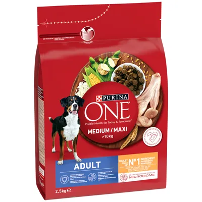 Purina ONE Medium/Maxi Adult hondenvoer, hoofdingrediënt kip, voor honden boven 10kg. Verpakkingsgrootte 2,5kg. Ondersteunt microbiomgezondheid en spijsvertering.