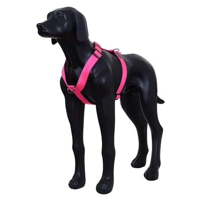 Figura modello di cane nera con una pettorina rosa, cinturini regolabili e anello in metallo visibili.