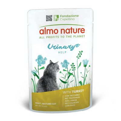 Almo Nature Urinary Help multipack pour chat adulte, 6x70g, avec poisson et avec poulet. Texte visible : 'Owned by the animals', 'With fish', 'With chicken'.