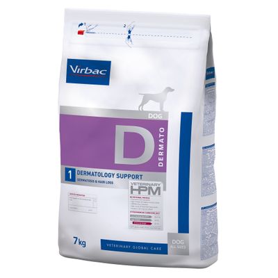Virbac Dermatology Support Veterinary HPM D, 7 kg. Voor honden met dermatosis en haaruitval. Voedingsprofiel en dieetindicaties zichtbaar op de verpakking.