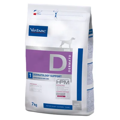 Virbac Dermatology Support Veterinary HPM D, 7 kg. Voor honden met dermatosis en haaruitval. Voedingsprofiel en dieetindicaties zichtbaar op de verpakking.
