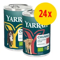 Lot de 24 boîtes Yarrah Chunks pour chien, visible : variétés with chicken & beef, ortie & tomate, labels bio et Beter Leven 3 étoiles.