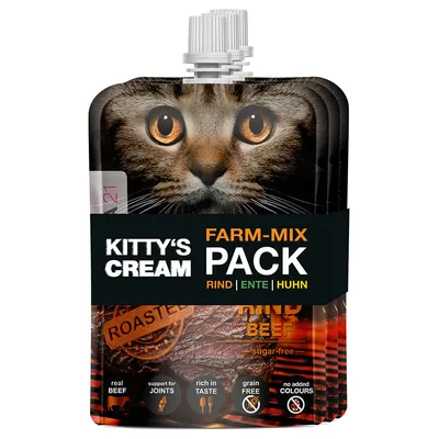 Kitty's Cream Farm-Mix Pack, говеждо, патица, пиле. Real Beef, подпомага ставите, богат вкус, без зърнени, без добавени оцветители.