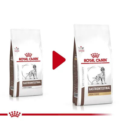 Промяна на опаковката на Royal Canin Veterinary Gastrointestinal High Fibre за кучета – показани са старата и новата опаковка с изображение на куче.