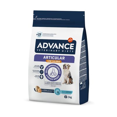 Advance Veterinary Diets Articular Low Calorie, aide à améliorer la mobilité et réduire le poids, sac de 3 kg, avec poulet, blé, riz, image d’un chien sur l’emballage.