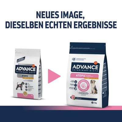 Advance Veterinary Diets Atopic. Neues Image, dieselben echten Ergebnisse. Verpackungsänderung von weiss zu dunkelblau mit pinken Akzenten und Hundebild. Inhalt: 3kg.