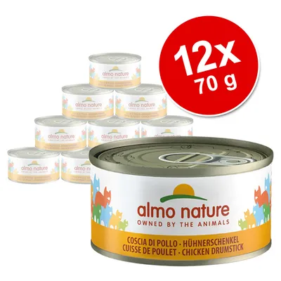Zestaw 12 puszek po 70 g Almo Nature Chicken Drumstick, widoczna etykieta z nazwą produktu i smakiem: udko z kurczaka.