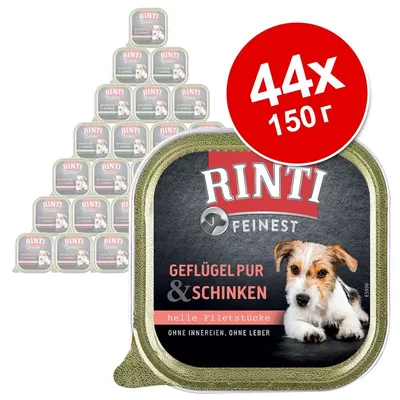 Пакет от 44 броя Rinti Finest, 150 г. Видими надписи: Geflügel pur & Schinken, helle Filetstücke, ohne Innereien, ohne Leber. Опаковки с изображение на куче. Пакет от 44 броя Rinti Finest, 150 г. Видими надписи: Geflügel pur & Schinken, helle Filetstücke, ohne Innereien, ohne Leber. Опаковки с изображение на куче.