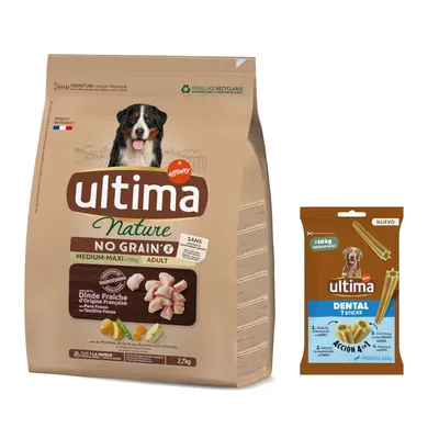 Ultima: karma sucha + Dental Sticks Medium / Maxi, 180 g gratis! - Nature No Grain Medium / Maxi, indyk, 2,7 kg
