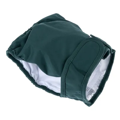 Pannolino verde per cani con bordi elastici e chiusura in velcro, fodera interna bianca.