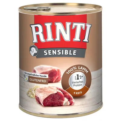 RINTI Sensible, 100% Lamm im Fleischanteil, nur 1 tierisches Protein, +Reis, glutenfrei, Für empfindliche Hunde. Lata de comida húmida com pedaços de carne e arroz visíveis no rótulo.
