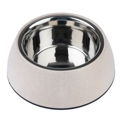 Feeding bowl with stainless steel inner bowl and cream-coloured outer bowl, non-slip design.