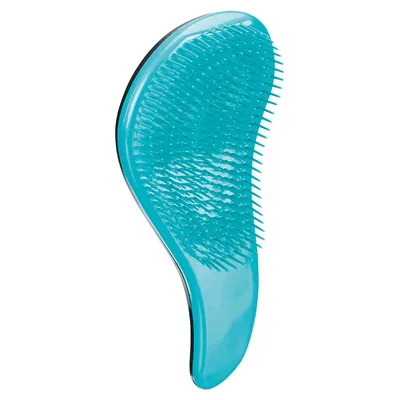 Turquoise ontklitborstel met ergonomisch handvat en flexibele borstelharen.