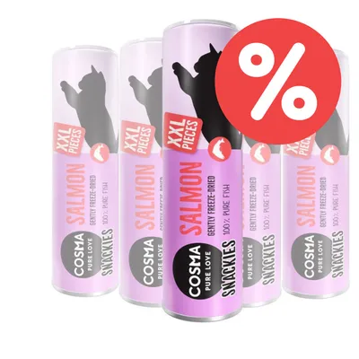 Cosma Pure Love Snacks XXL trozos, salmón, suavemente liofilizado, 100% pescado puro. Indicador rojo de porcentaje de descuento.