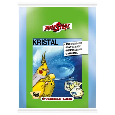 Sachet de 5 kg Versele-Laga Prestige Kristal fond de cage pour oiseaux, texte visible : schelpenzand, fond de cage, muschelsand, shell sand, illustration de deux oiseaux et coquillages.