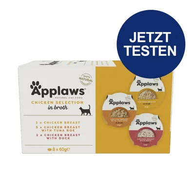 Applaws Natural Cat Food Chicken Selection in Broth, 8x60g: 3x Hühnerbrust, 3x Hühnerbrust mit Thunfischrogen, 2x Hühnerbrust mit Ente. 100% natürlich. Jetzt testen.