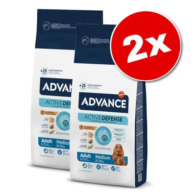 Lot de 2 sacs Advance Active Defense Adult Medium 10–30 kg, visible : prébiotiques, probiotiques, fibres, avec poulet, photo d’un chien, pour chiens adultes 1–7 ans.
