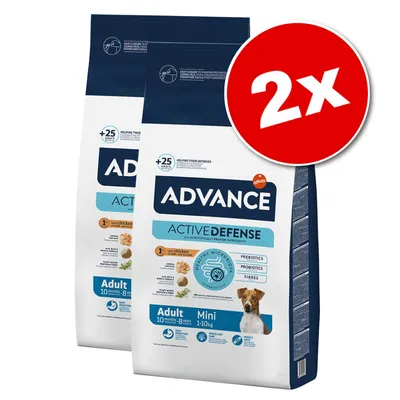 Lot de 2 sacs Advance Active Defense Adult Mini 1–10 kg, avec poulet, prébiotiques, probiotiques, fibres. Pour chiens adultes 10 mois à 8 ans. Marque et informations visibles sur l’emballage.
