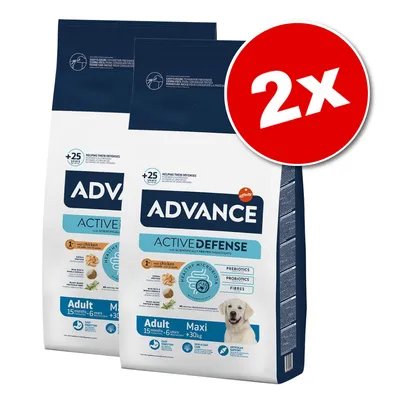 Lot de 2 sacs Advance Active Defense Adult Maxi, pour chiens de plus de 30 kg, visible : prébiotiques, probiotiques, fibres, poulet, image d’un chien adulte, marque Affinity.