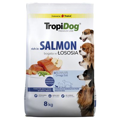 TropiDog Adult Small Breeds, Single Animal Protein, rijk aan zalm met rijst, 8 kg. Kenmerken: gebitsverzorging, huidcomplex, kracht & vitaliteit.
