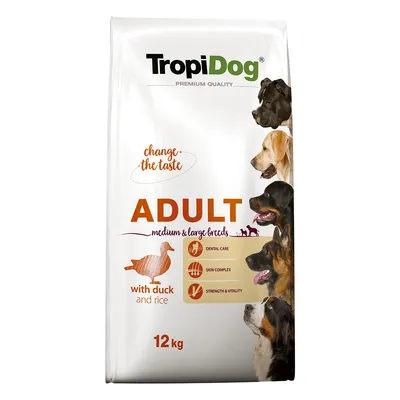 TropiDog Adult hrană pentru câini de rase medii și mari, cu rață și orez, 12 kg. Caracteristici: îngrijire dentară, complex pentru piele, forță și vitalitate. TropiDog Adult hrană pentru câini de rase medii și mari, cu rață și orez, 12 kg. Caracteristici: îngrijire dentară, complex pentru piele, forță și vitalitate.