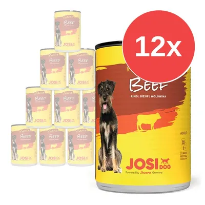 12x konzerv JosiDog Beef s obrázkem psa a nápisy Beef, Rind | Boeuf | Wołowina, JosiDog, Powered by Josera Germany. Pro dospělé psy.