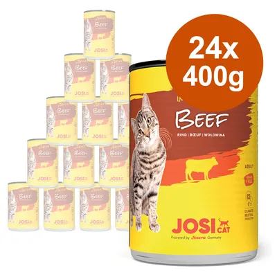 24 konzerv JosiCat Beef 400g, na etiketě obrázek kočky, nápisy Beef, Rind, Bœuf, Wołowina, Adult, Grain Free, Climate Neutral, Powered by Josera Germany