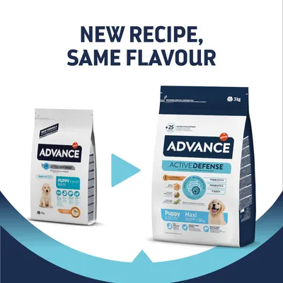 ADVANCE ACTIVEDEFENSE Puppy Maxi 3kg. Εικόνα παλιάς και νέας συσκευασίας με αγγλικό κείμενο: NEW RECIPE, SAME FLAVOUR. Ορατό κουτάβι στη συσκευασία.