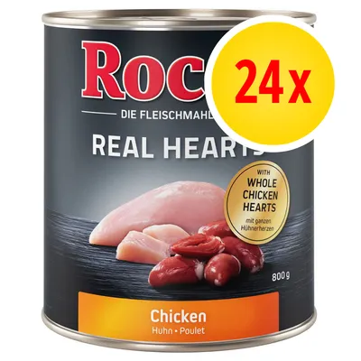 Rocco Real Hearts Chicken, 800 g, con cuori di pollo interi. Confezione da 24x. Testo visibile: 'WITH WHOLE CHICKEN HEARTS', 'Chicken Huhn Poulet'.