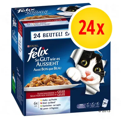 Purina Felix So Gut wie es aussieht kattenvoer, 24 zakjes. Vleesselectie in gelei: 6x kip, 6x rund, 6x konijn, 6x lam. Tekst deels in Duits en Frans zichtbaar op verpakking.