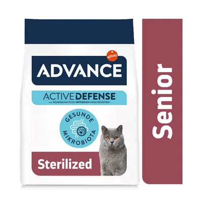 Advance Active Defense Sterilized Senior корм для кошек с полезной микробиотой, научно проверенные ингредиенты.