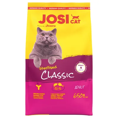 JosiCat Sterilised Classic Adult, 650g. 36% białka zwierzęcego, oryginalny rozmiar, pH moczu 6,0-6,5. Dla sterylizowanych kotów. Powered by Josera, German Quality.