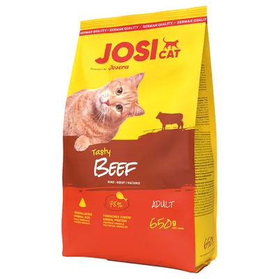 Sac JosiCat Tasty Beef, 78 % protéines animales, bœuf, adulte, 650 g. Texte visible : German Quality, Powered by Josera, Originalgröße, Adult, Rind | Bœuf | Vacuno.