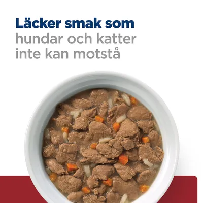 Text: Läcker smak som hundar och katter inte kan motstå. Skål med våtfoderbitar i sås, synliga köttbitar och grönsaker.