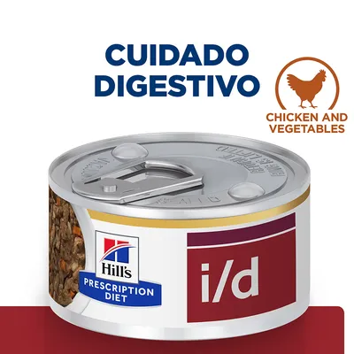 Lata de Hill's Prescription Diet i/d. Texto visible: 'CUIDADO DIGESTIVO', 'CHICKEN AND VEGETABLES'. Imagen de pollo en círculo naranja. Lata de Hill's Prescription Diet i/d. Texto visible: 'CUIDADO DIGESTIVO', 'CHICKEN AND VEGETABLES'. Imagen de pollo en círculo naranja.
