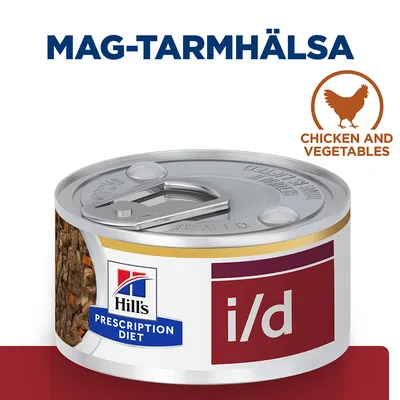 Hill's Prescription Diet i/d våtfoderburk med synlig text: MAG-TARMHÄLSA och CHICKEN AND VEGETABLES. Bild på burkens innehåll samt Hill's-logotyp. Hill's Prescription Diet i/d våtfoderburk med synlig text: MAG-TARMHÄLSA och CHICKEN AND VEGETABLES. Bild på burkens innehåll samt Hill's-logotyp.