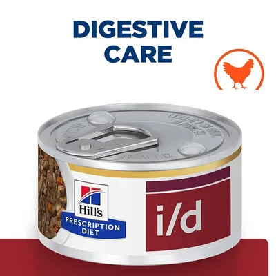 Консерва Hill's Prescription Diet i/d. Видим текст: DIGESTIVE CARE. Илюстрация на пиле. Част от съдържанието се вижда през прозрачен участък на опаковката.