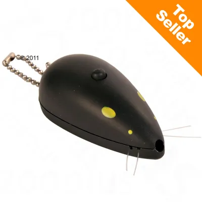 Svart plastmus med gula prickar, metallkedja och synliga morrhår. Orange hörn med texten 'Top Seller'.