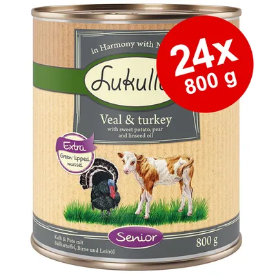 Lukullus Veal & turkey med sød kartoffel, pære og hørfrøolie. Extra green-lipped mussel. Senior. 24x800 g dåser vises på billedet.