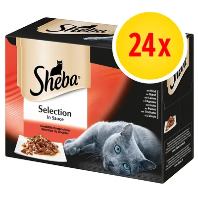 Confezione Sheba Selection in Sauce, 24x. Immagine di gatto grigio e piatto con bocconcini in salsa. Testo visibile: mit Rind, Lamm, Huhn, Truthahn.