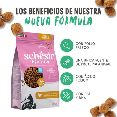 Schesir Kitten pienso, 1,5 kg. Con pollo fresco, una única fuente de proteínas, ácido fólico, así como EPA y DHA. 36% de proteínas.